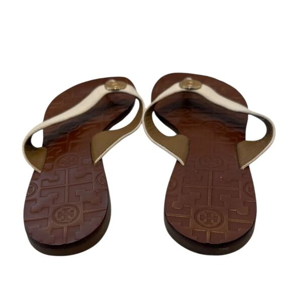 Tori Burch Women's Thora Leather Sandals Flat Thongs White Gold Logo Size 10 - Picture 3 of 6
